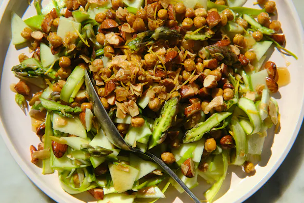 Asparagus Ribbon Salad with Crispy Chickpeas and Hot Honey