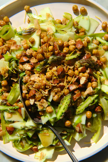 Asparagus Ribbon Salad with Crispy Chickpeas and Hot Honey