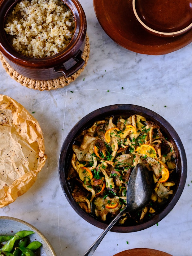 Baked Mushrooms with Rice and Increasingly on a Marble Table