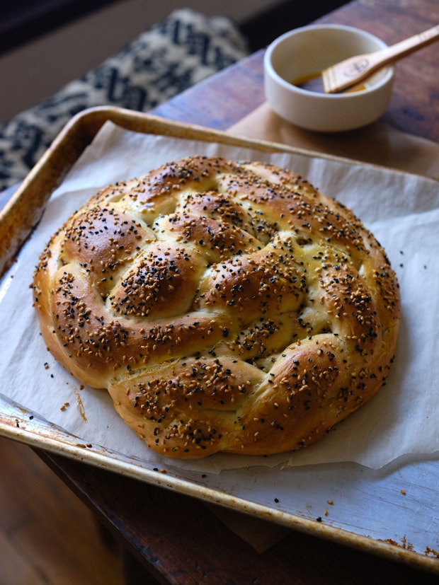 Braided Onion Bread filled With Caramelized Onions and Gruyere Cheese just After Baking