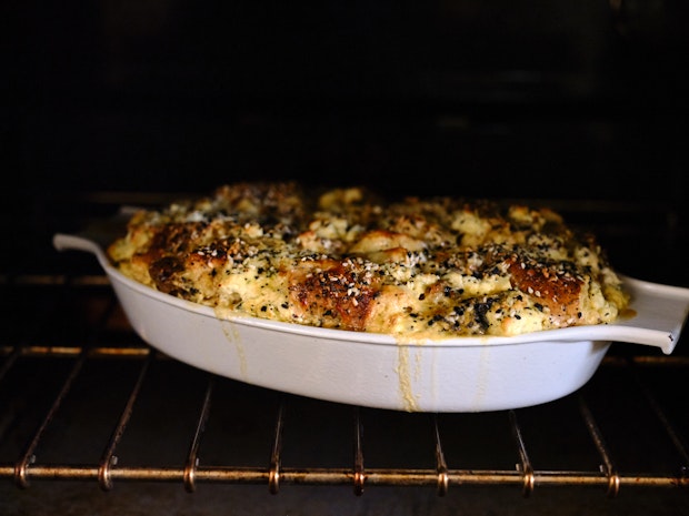 Everything Bagel Breakfast Casserole in the oven baking