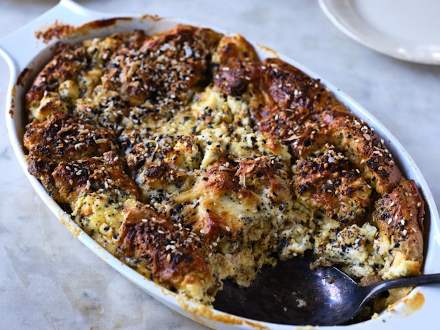 Everything Bagel Breakfast Casserole close-up with one portion gone