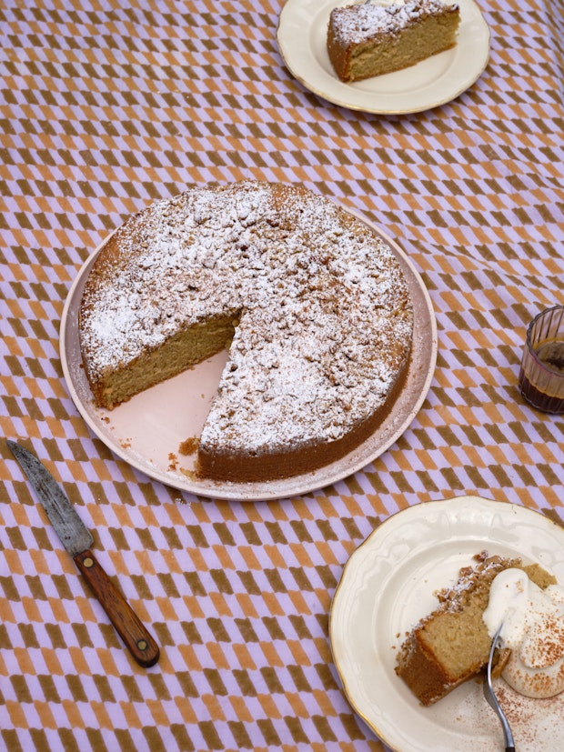 Walnut Nutmeg Butter Cake on Purple Tablecloth