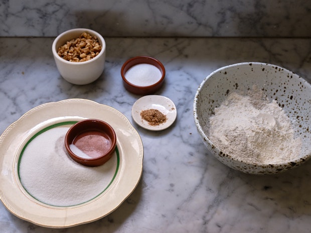 Ingredients for Butter Cake arranged on Marble Counter