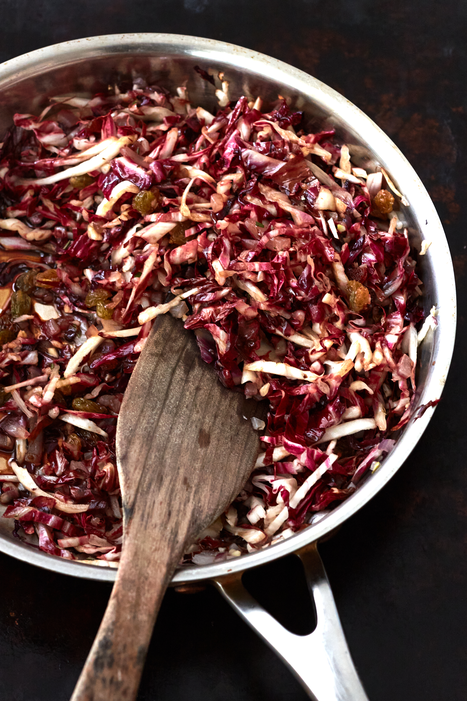 Skillet full of red cabbage