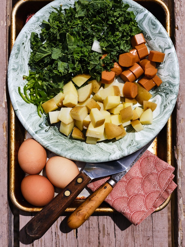 Ingredients for Breakfast Hash on a Tray