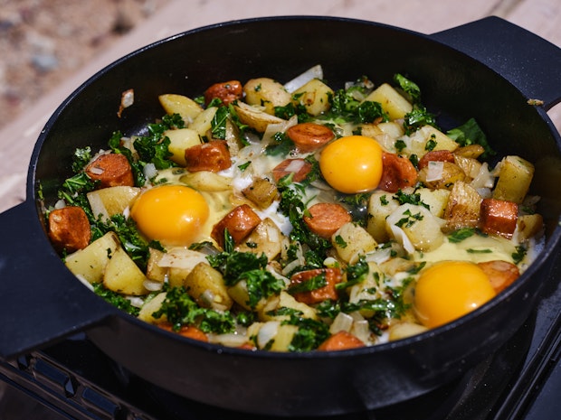 Cooking Breakfast Hash in Skillet on Single Burner