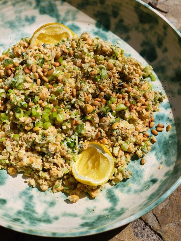 Chickpea Salad Sandwich Ingredients Mixed together in a Large Bowl