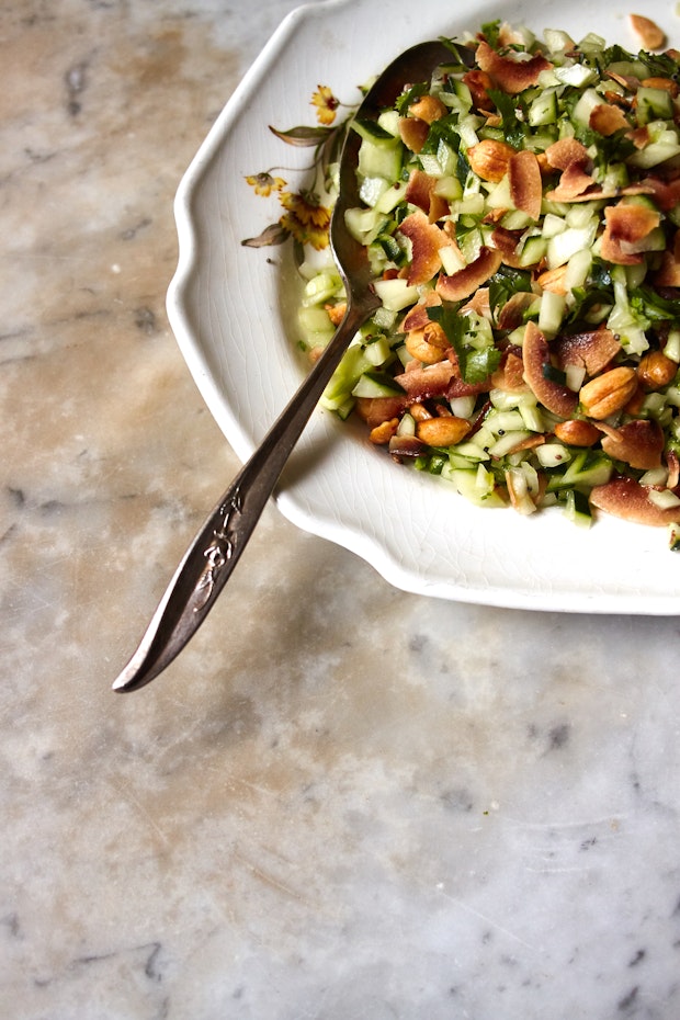 Spicy Peanut & Cucumber Salad on a Serving Plate