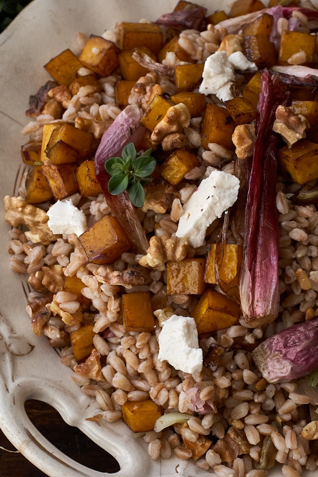 Farro with Roasted Butternut Squash in a Bowl