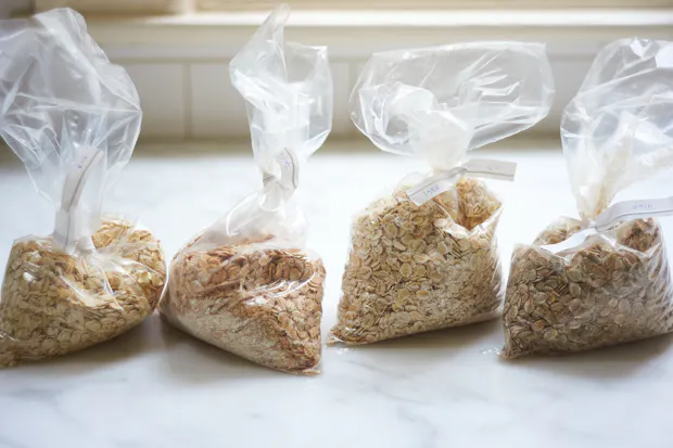 toppings for four grain cereal arranged on a counter