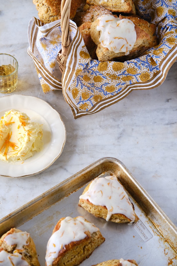 Lime Scones as Part of a Brunch Spread on a Marble Counter