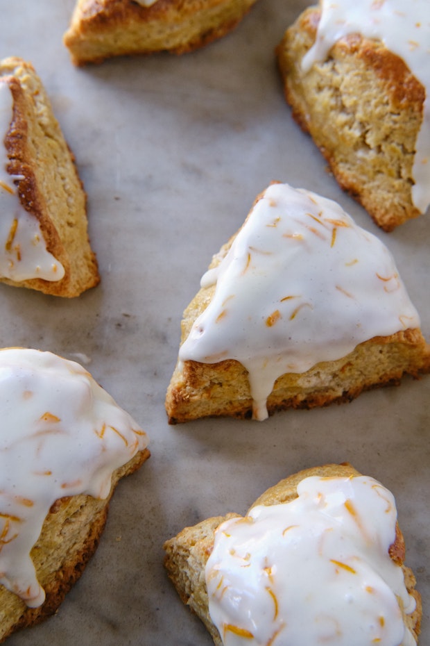 Lime Scones with Icing on a Marble Counter