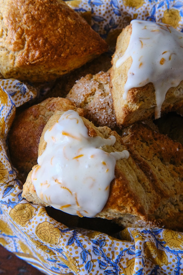 Lime Scones in a Cloth Lined Basket for Serving