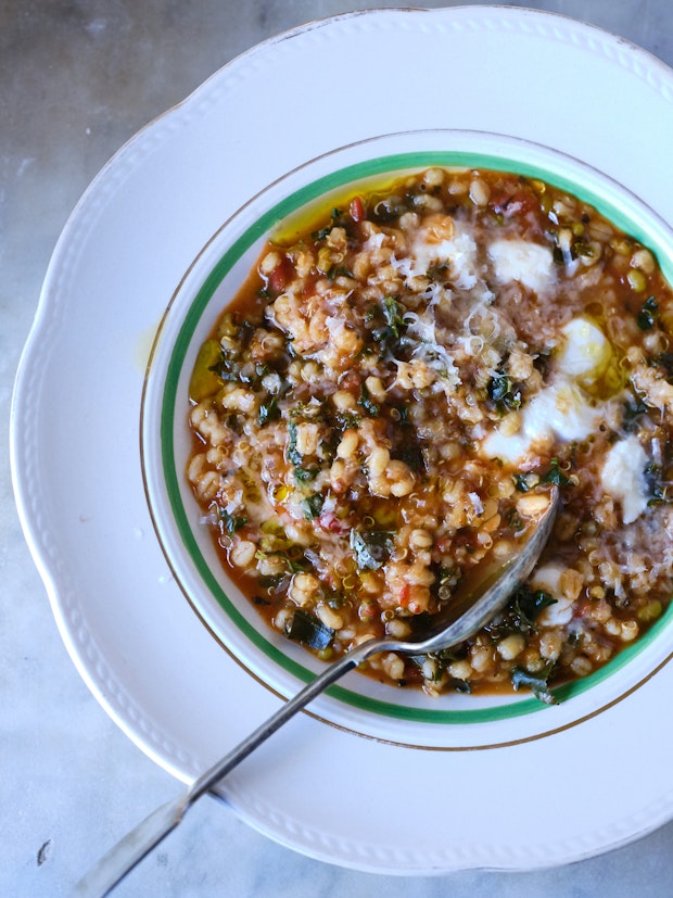 Italian Barley Soup in a Bowl with Spoon