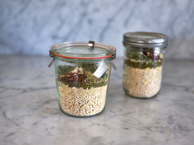 Side View of Italian Barley Soup ingredients in Jars