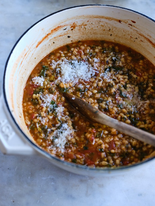 Pot of Italian Barley Soup Photographed from Above