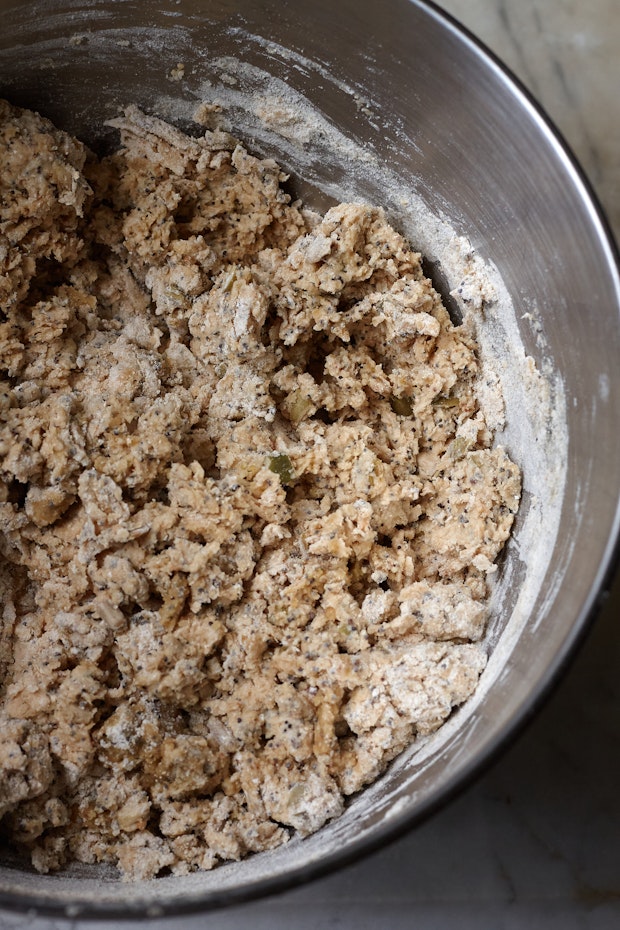 flatbread dough after initial mix in mixing bowl