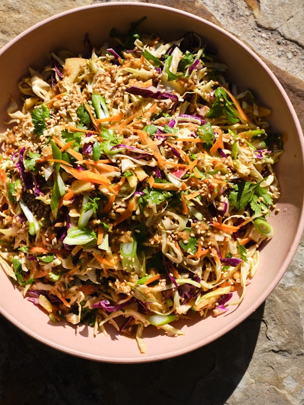 Spicy Sesame Coleslaw in a Pink Bowl