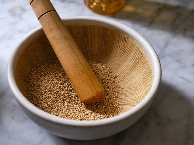 Sesame Seeds in a Grinding Bowl