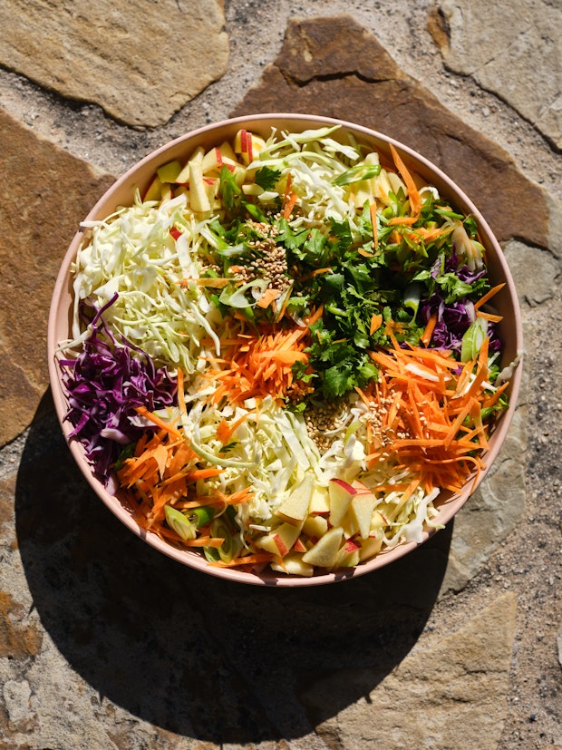 Ingredients for Spicy Sesame Coleslaw in a Bowl Prior to Mixing