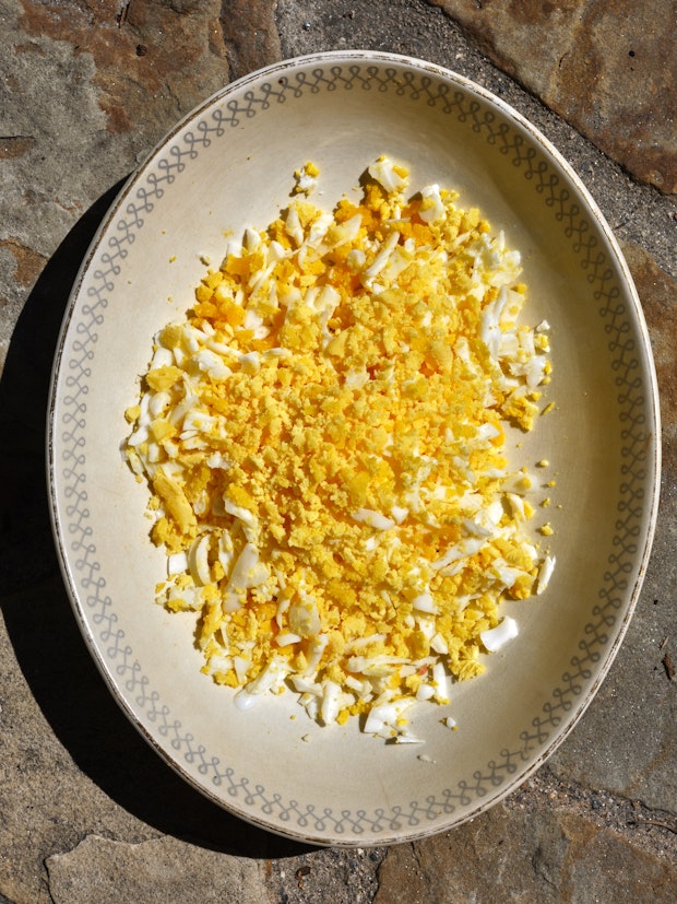 Grated Egg Shredded for Sandwich in a Bowl