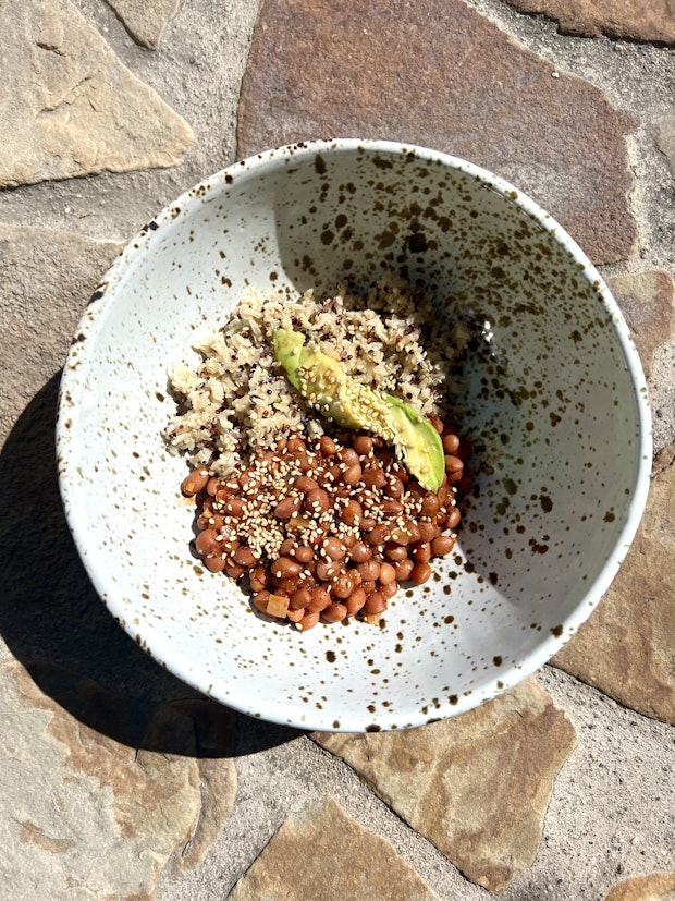 Slow-Cooked Coconut Beans in a Bowl Served with Basmati Rice and Avocado