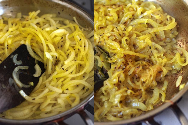onions for spicy cauliflower recipe before and after caramelizing