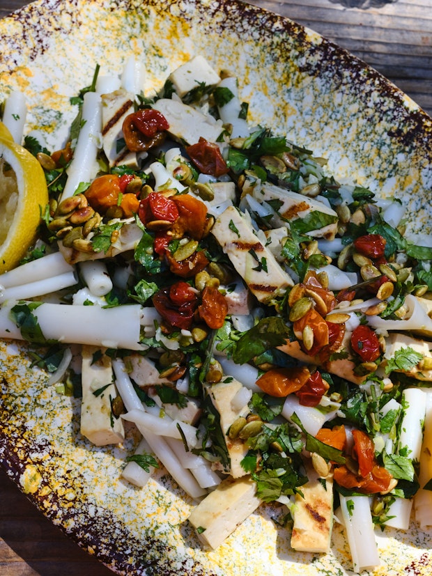 Close up of Platter of Rice Noodles and Tofu
