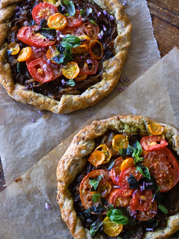 Close-up of Two Rustic Tomato Tarts