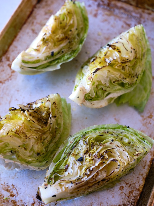 Iceberg lettuce after grilling on a sheet pan