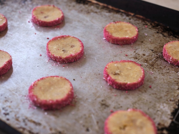 world's best cookie dough on a cookie sheet before baking