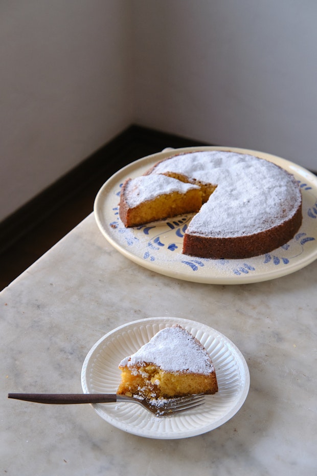 almond cake on a marble table