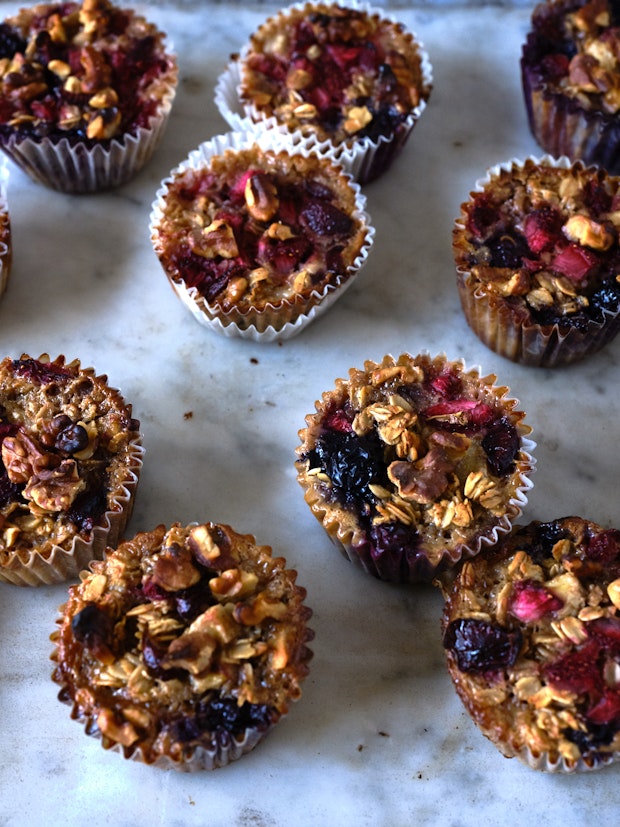Baked oatmeal cups on a marble counter