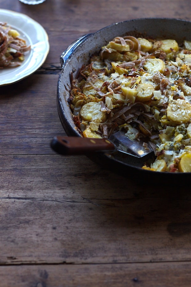 Baked Pasta in a Casserole Dish After Baking on Wood Table