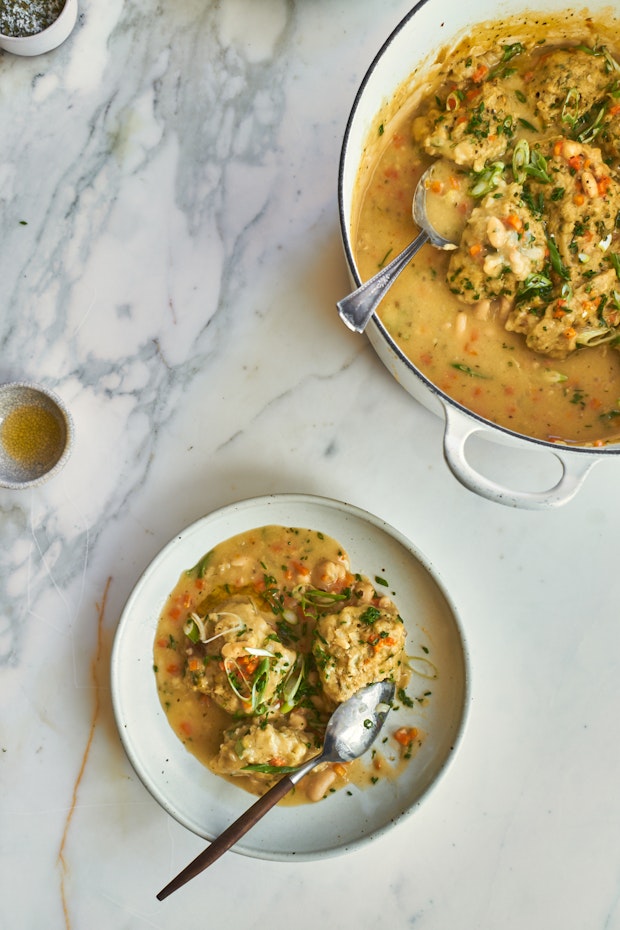 White Bean Soup with Pesto Herb Dumplings