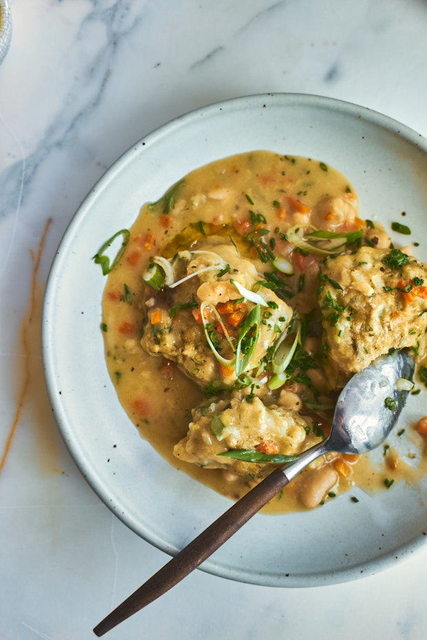 White Bean Soup with Pesto Herb Dumplings