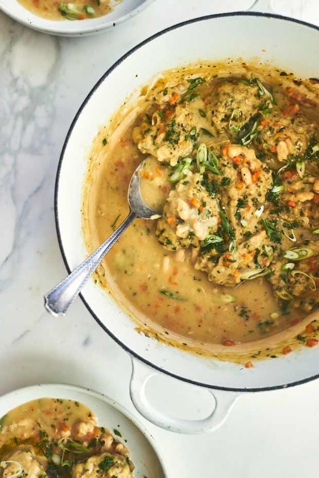 White Bean Soup with Pesto Herb Dumplings