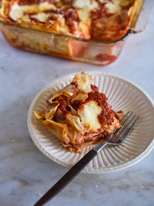 Individual Shot of Lasagna on a White Plate