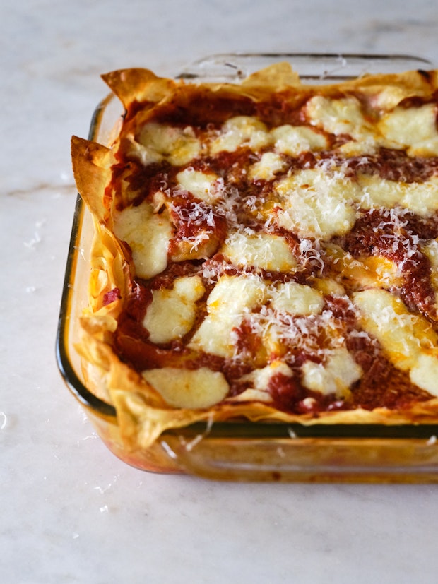 Close up of a Baked Lasagna Unsliced with Cheese on Top