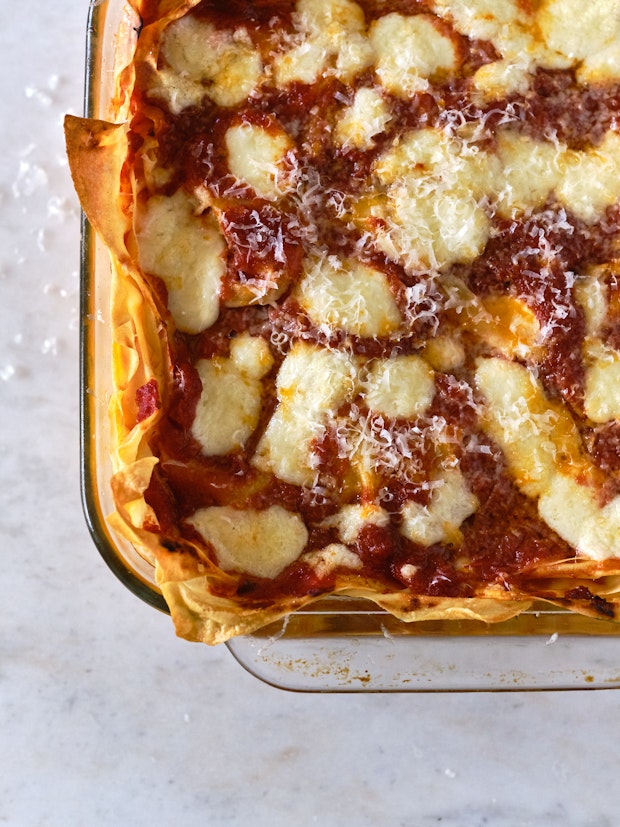 Close-up Overhead Shot of Baked Lasagna