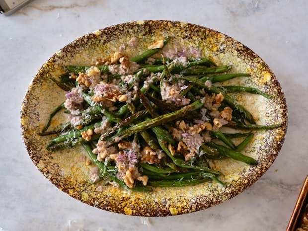 Blistered Green Beans with Walnut Sauce on a Platter