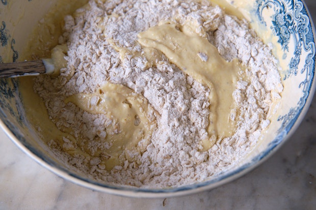 muffin batter in bowl before adding blueberries