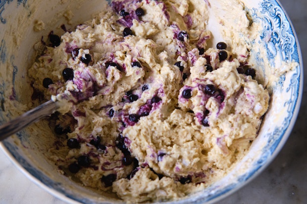 blueberry muffin batter in mixing bowl