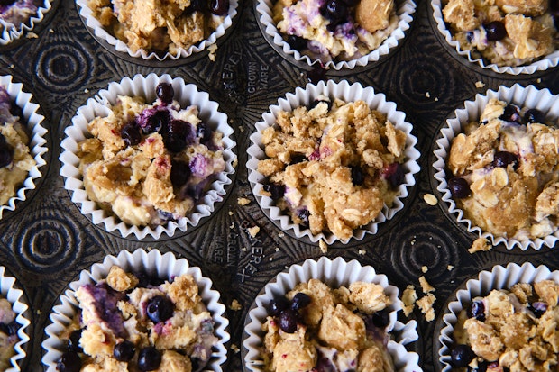 blueberry muffins in tin before baking