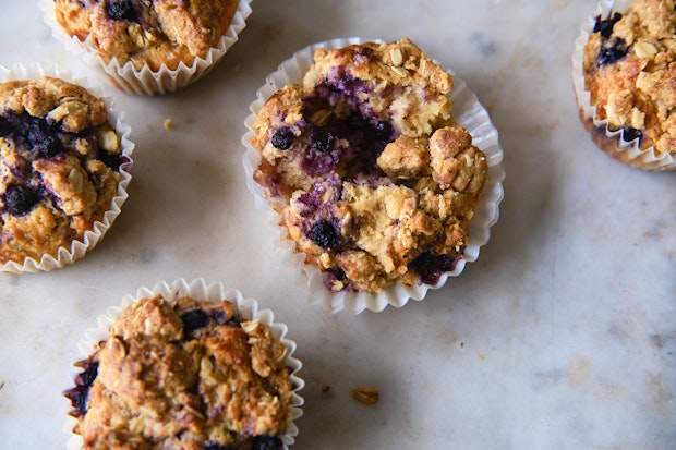 blueberry muffin cut open to reveal crumb