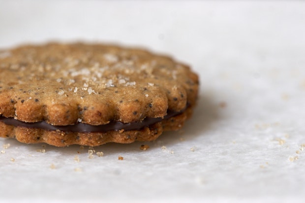 a single sandwich cookie filled with chocolate with sugar on top