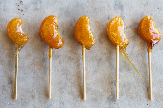 Two-ingredient Candied Citrus Lolipops