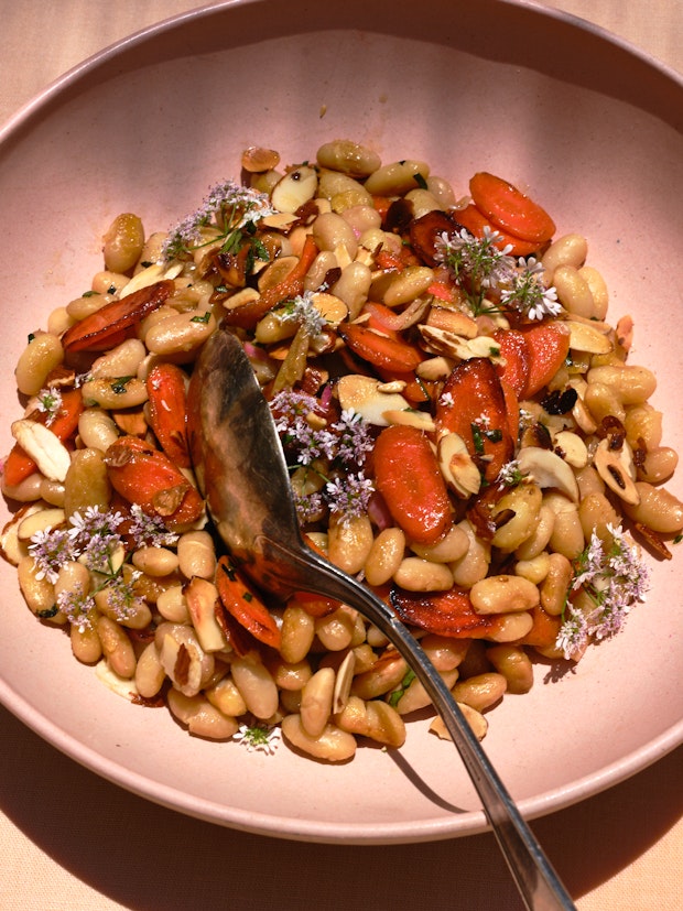 Carrot, Dill & White Bean Salad in a Pink Bowl border=