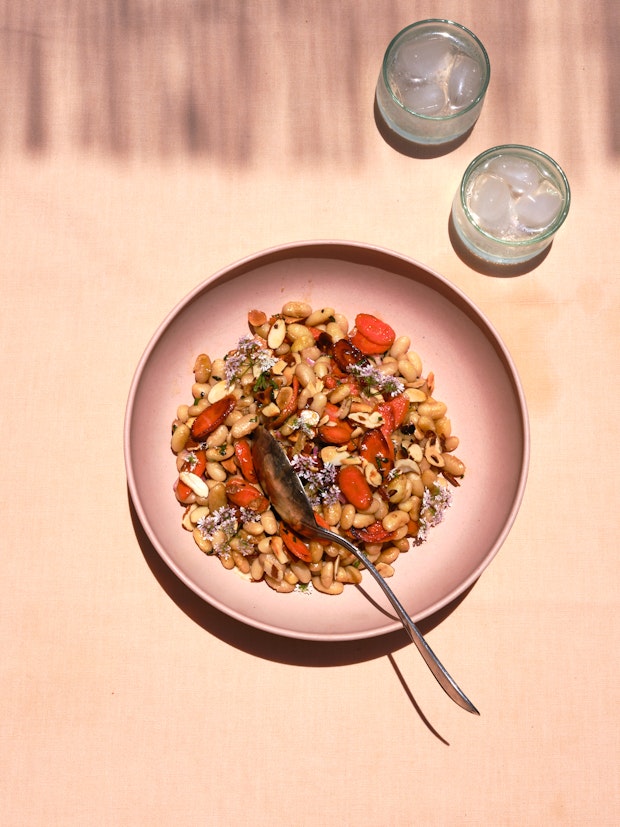 Carrot, Dill & White Bean Salad on a Table with Two Glasses